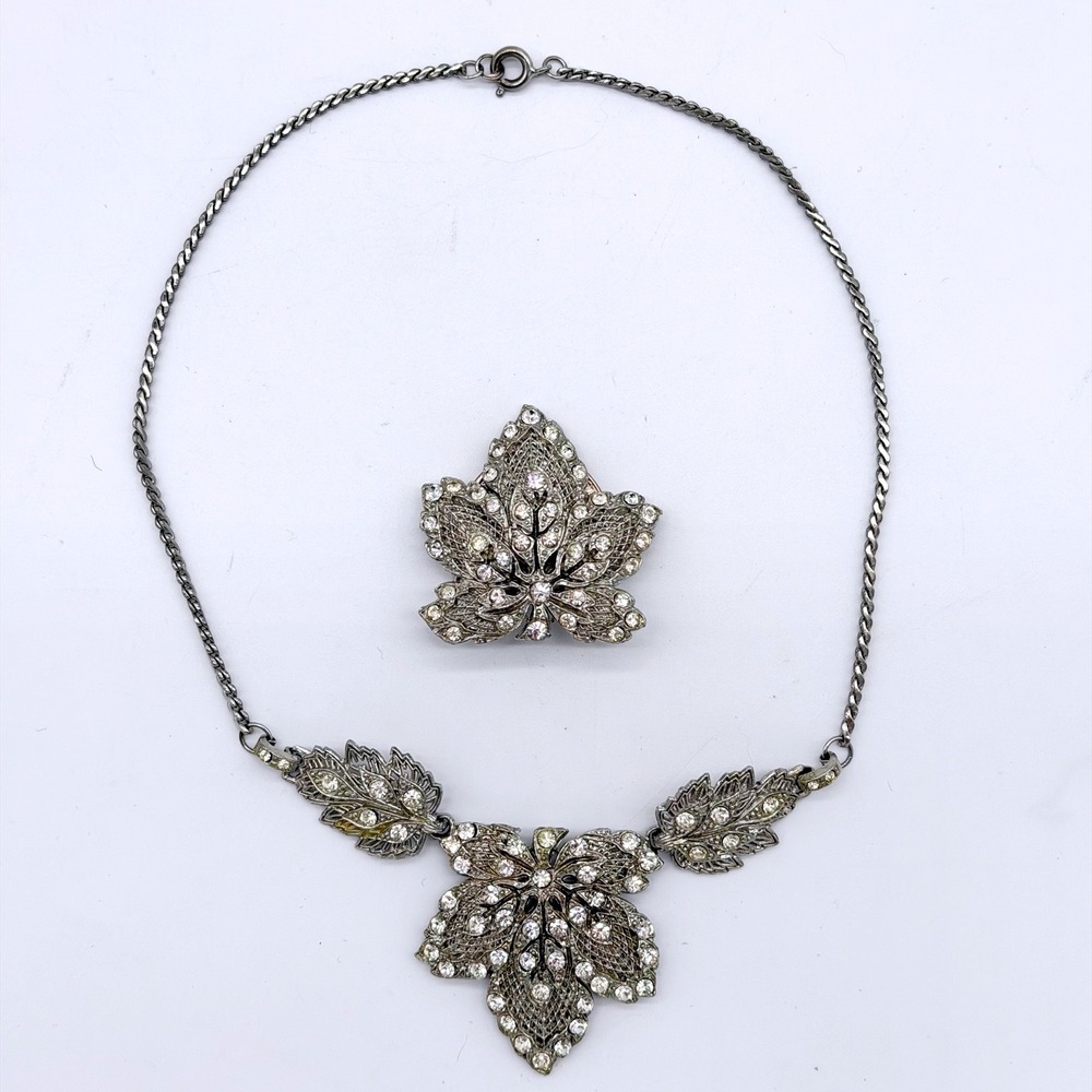 Vintage Rhinestone Leaf Necklace Brooch Set Silver‎ Tone Filigree Maple Leaf
